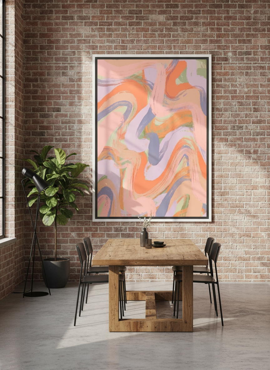Oversized statement canvas wall art with a white surround styled on the wall in an industrial loft dining room