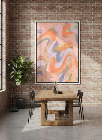 Oversized statement canvas wall art with a white surround styled on the wall in an industrial loft dining room