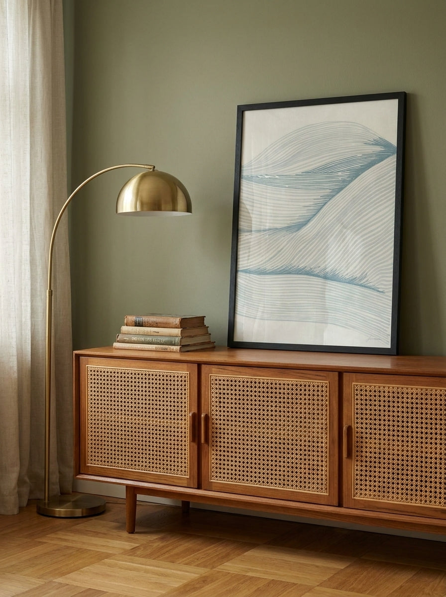 Modern wall art print standing on a sideboard in a mid-century bedroom