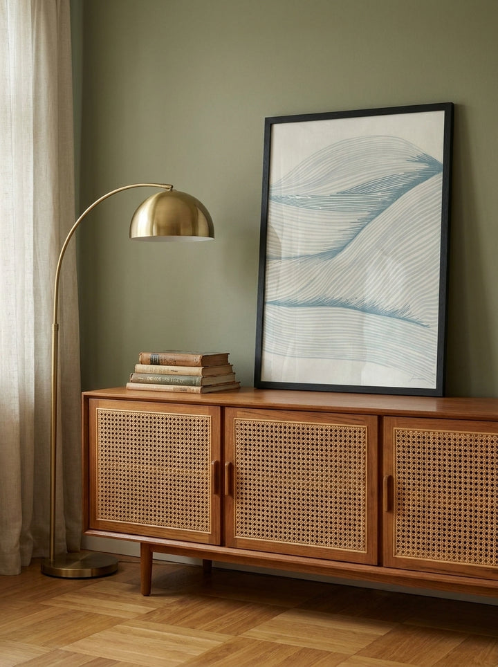 Modern wall art print standing on a sideboard in a mid-century bedroom