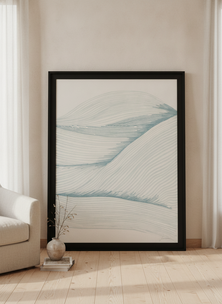 Oversized statement modern wall art print leaning against the wall in a warm Japandi living room