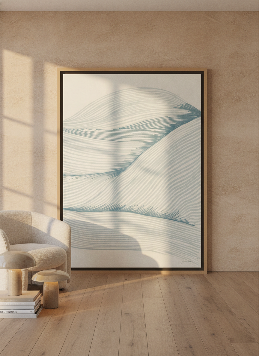 Oversized statement canvas wall art with a natural timber surround leaning against the wall in a luxe bathroom