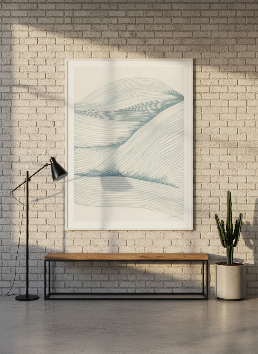 Oversized statement modern wall art print styled on the wall in an industrial loft living room