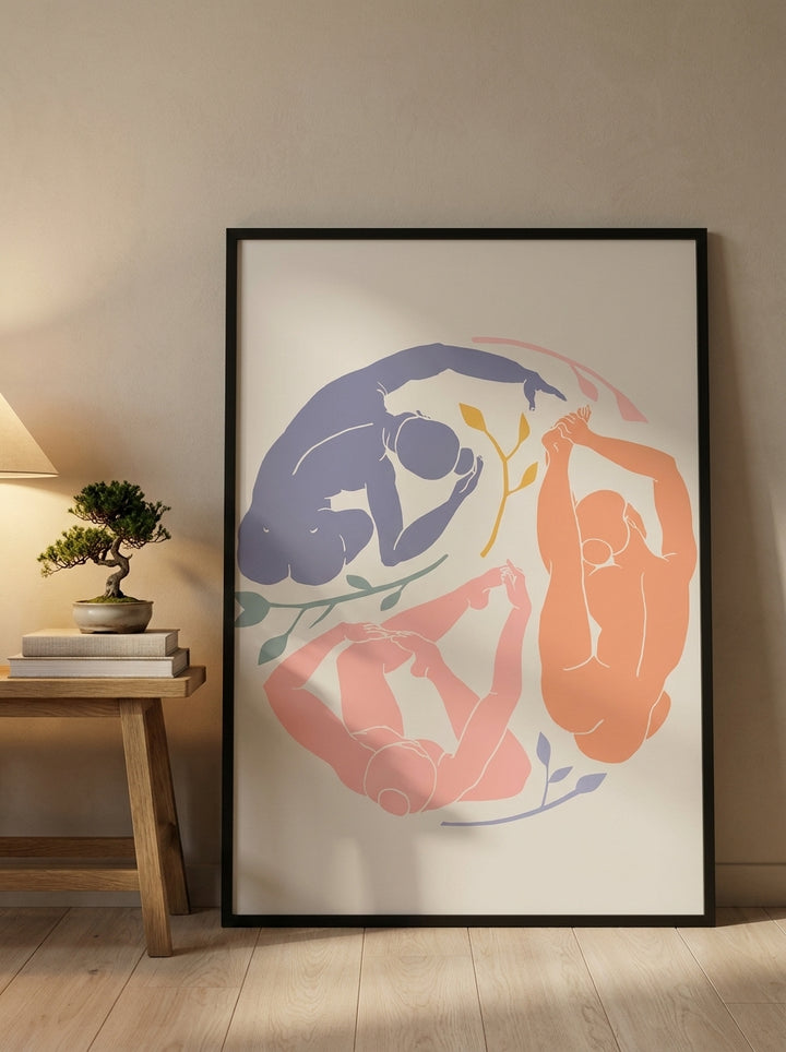 Oversized statement modern wall art print leaning against the wall in a warm Japandi bedroom