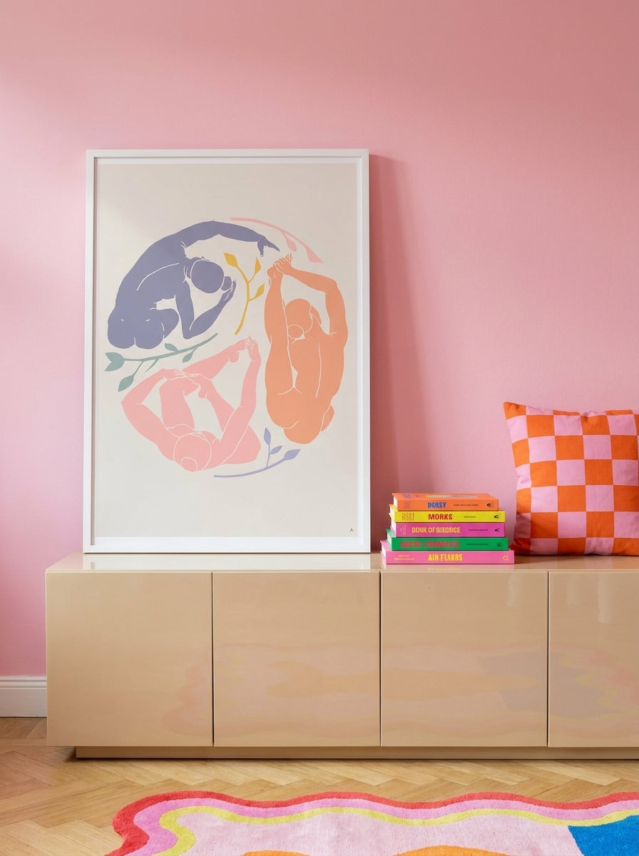 Modern wall art print standing on a sideboard in a colourful eclectic home office