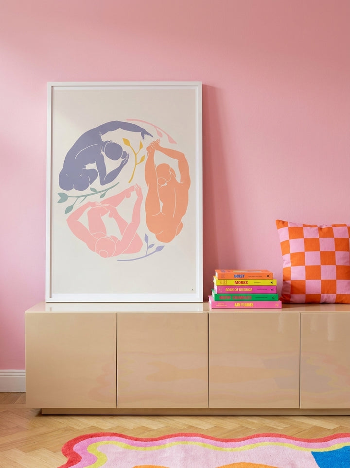 Modern wall art print standing on a sideboard in a colourful eclectic home office
