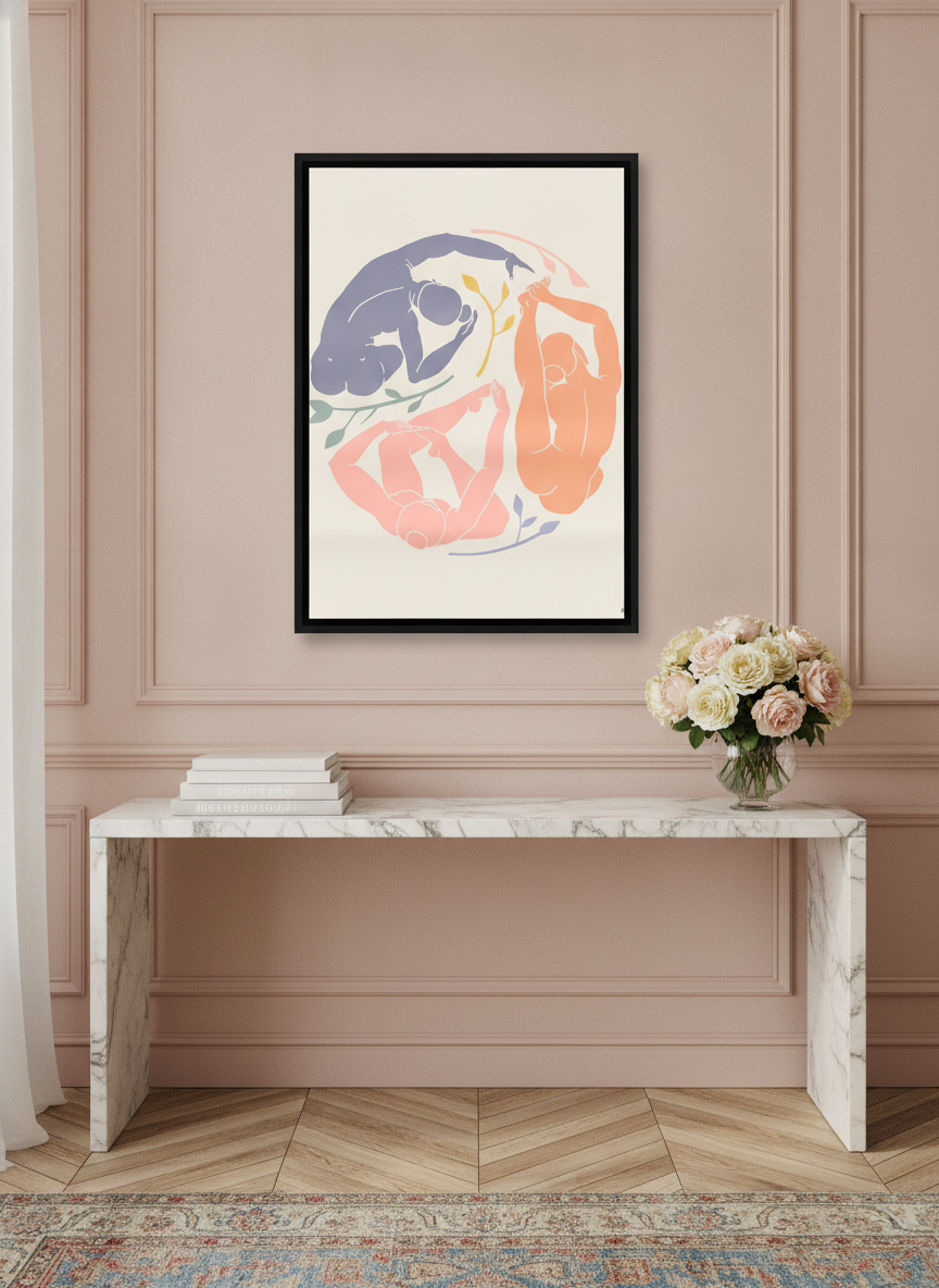 Canvas wall art with a black surround styled on the wall in a Parisian living room