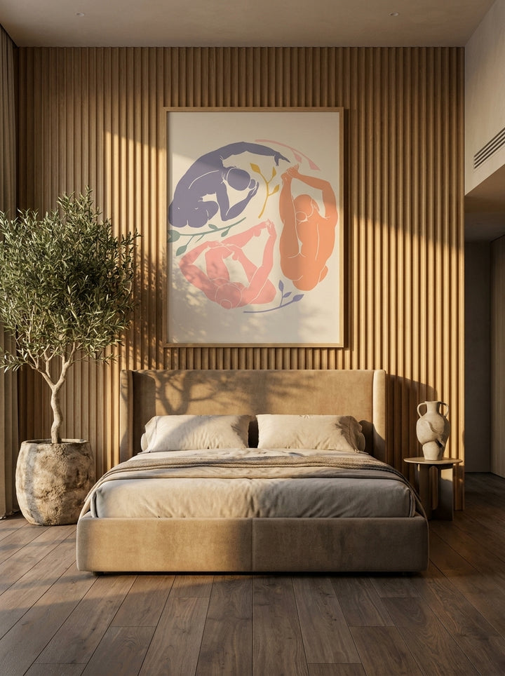 Oversized statement modern wall art print styled on the wall in a luxe bedroom
