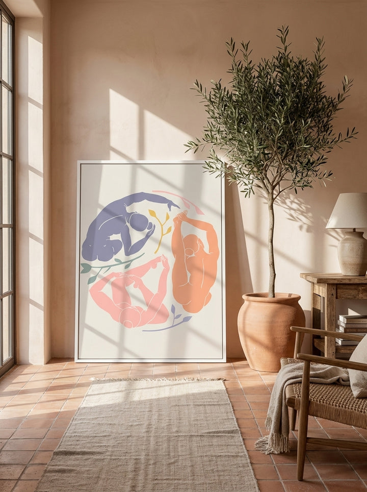 Canvas wall art with a white surround leaning against the wall in a Mediterranean bedroom