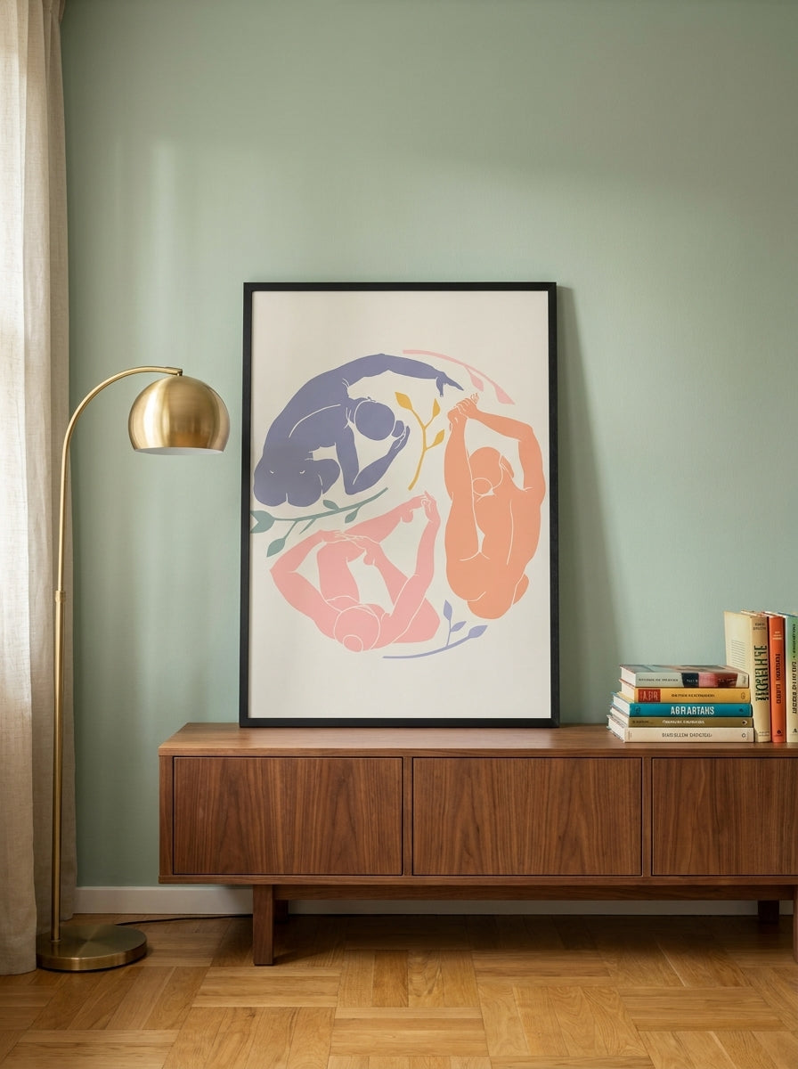 Modern wall art print standing on a sideboard in a mid-century living room