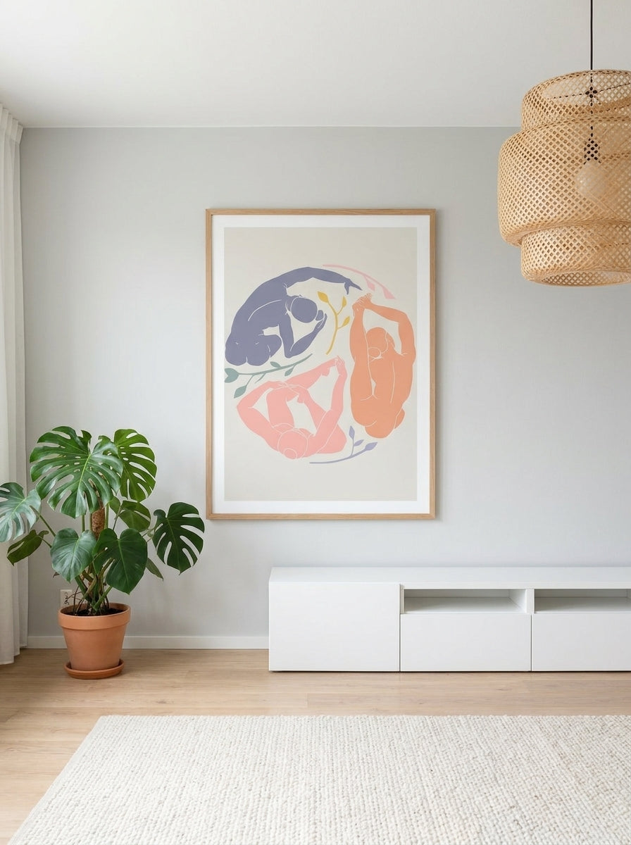 Modern wall art print styled on the wall in a bright Scandinavian living room