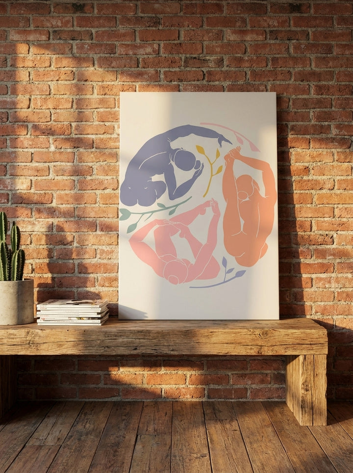Stretched canvas wall art standing on a bench in an industrial loft home office