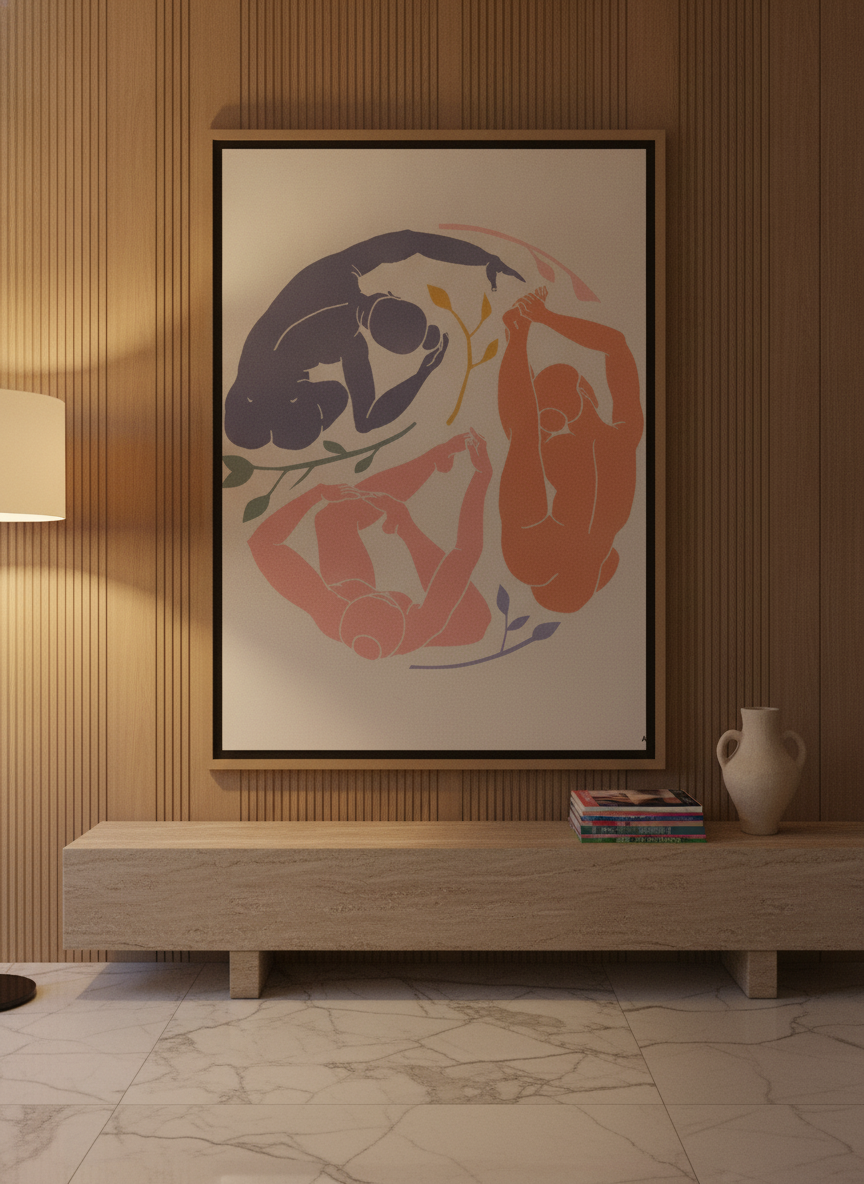 Oversized statement canvas wall art with a natural timber surround styled on the wall in a luxe living room