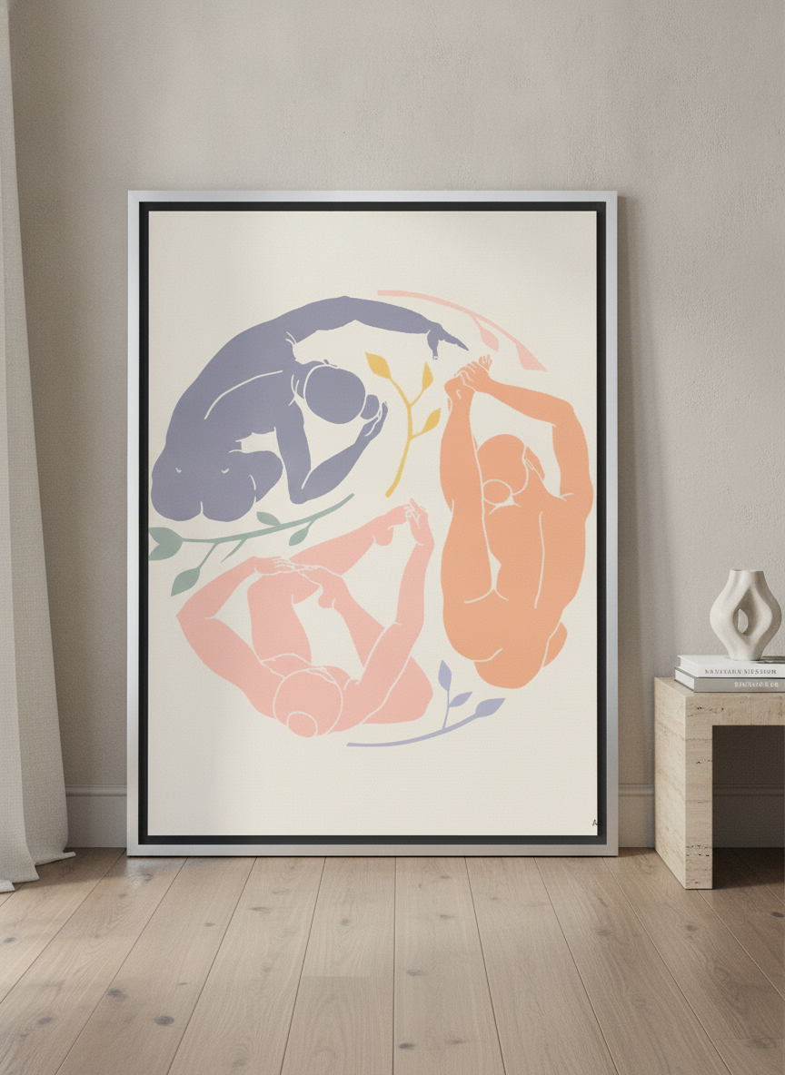 Oversized statement canvas wall art with a silver leaf surround leaning against the wall in a luxe dining room