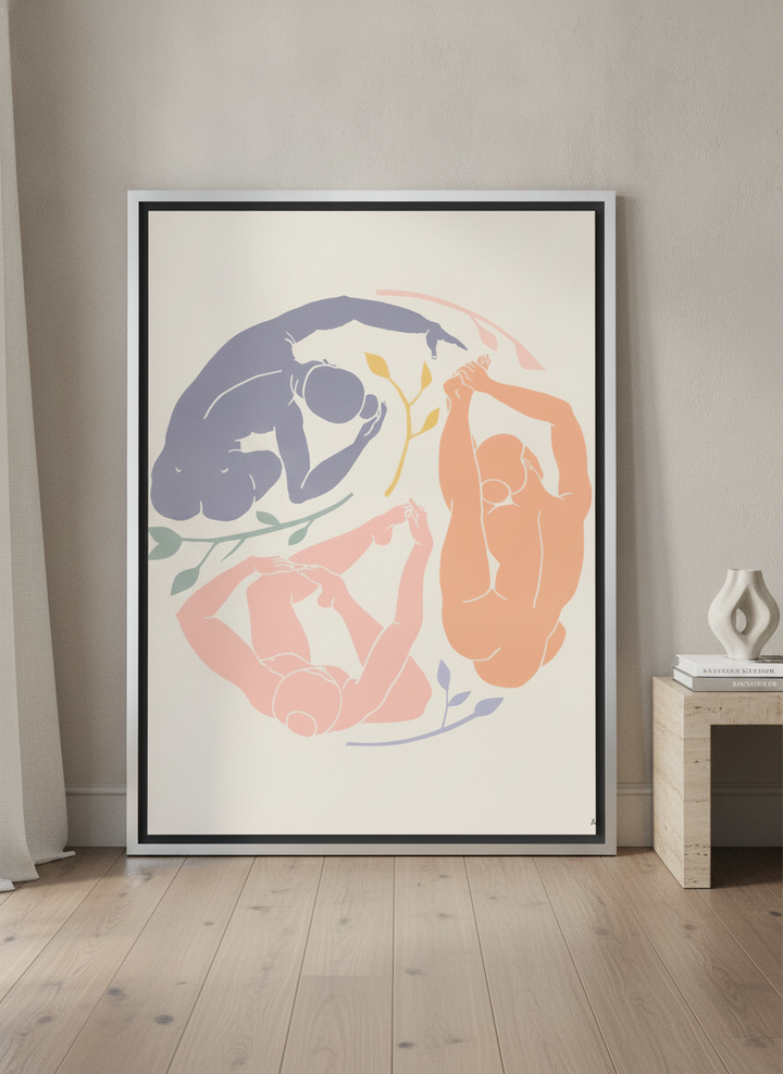 Oversized statement canvas wall art with a silver leaf surround leaning against the wall in a luxe dining room