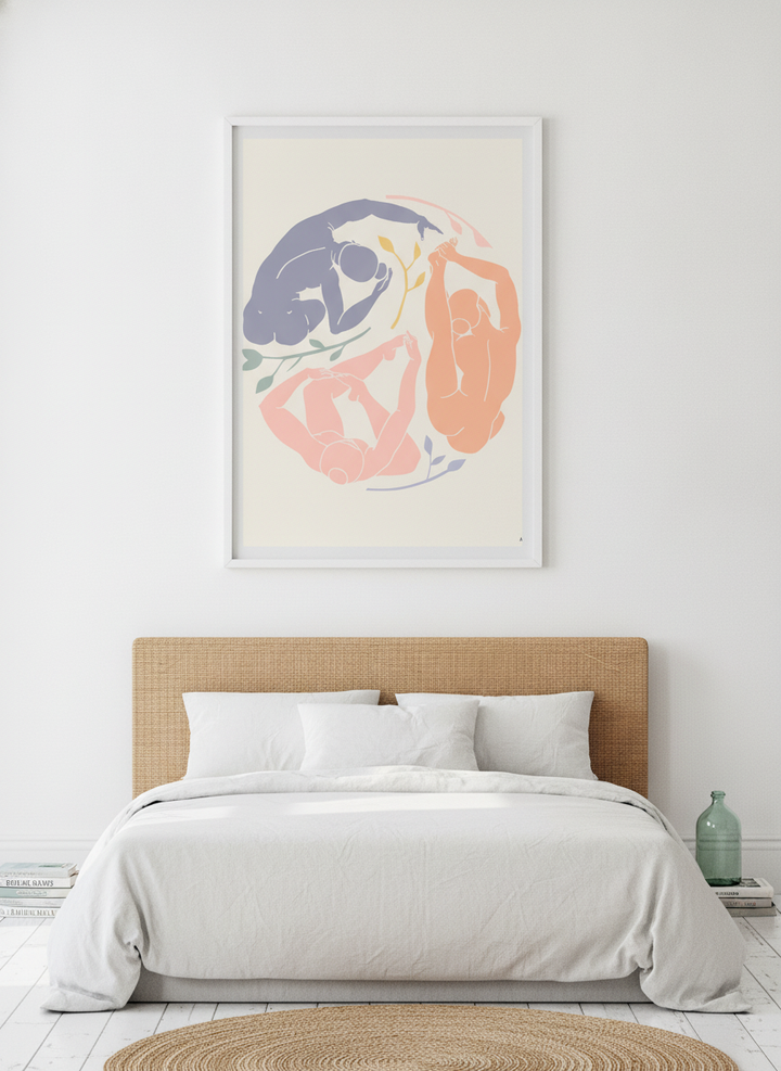 Modern wall art print styled on the wall in a coastal bedroom