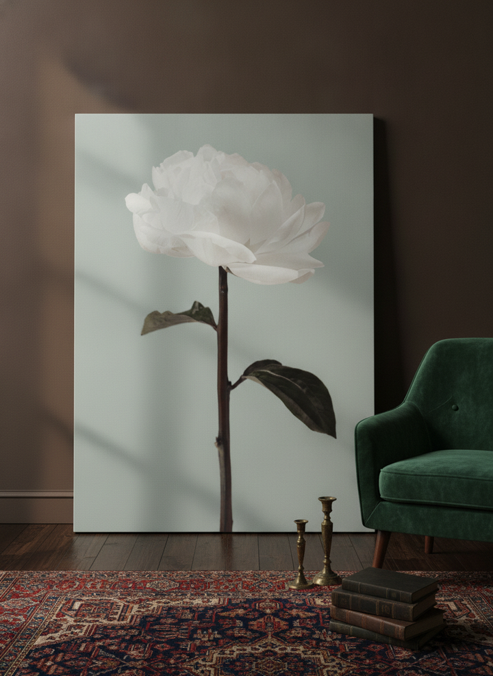 Stretched canvas wall art leaning against the wall in a moody living room