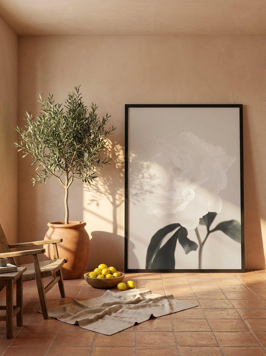 Oversized statement modern wall art print leaning against the wall in a Mediterranean kitchen