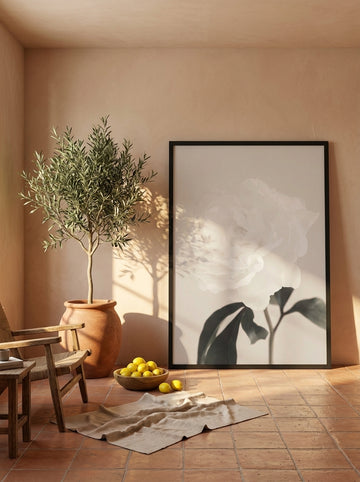 Oversized statement modern wall art print leaning against the wall in a Mediterranean kitchen