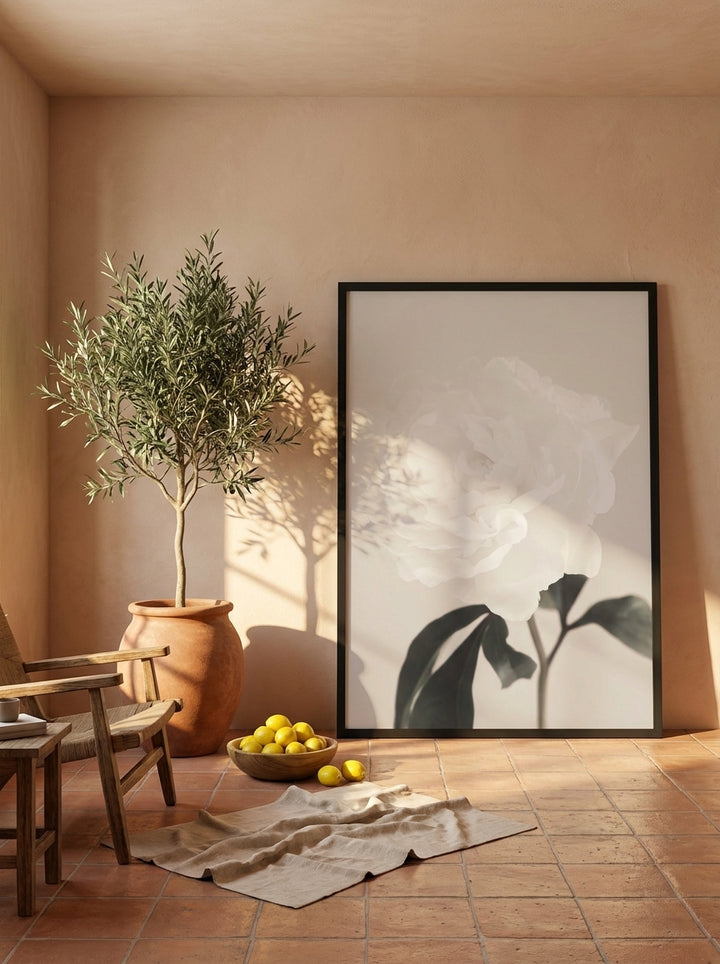Oversized statement modern wall art print leaning against the wall in a Mediterranean kitchen