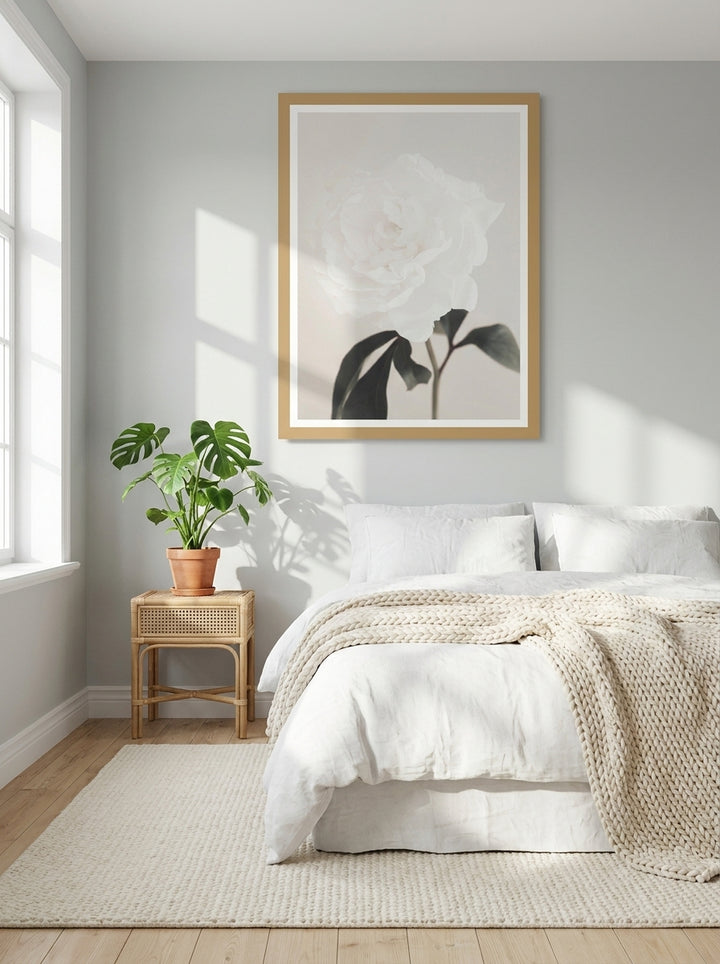 Modern wall art print styled on the wall in a bright Scandinavian bedroom
