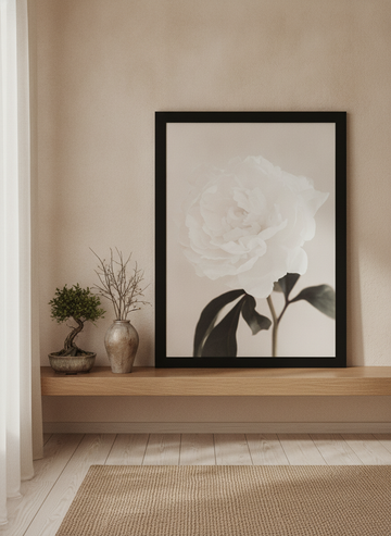 Modern wall art print standing on a shelf in a warm Japandi bathroom