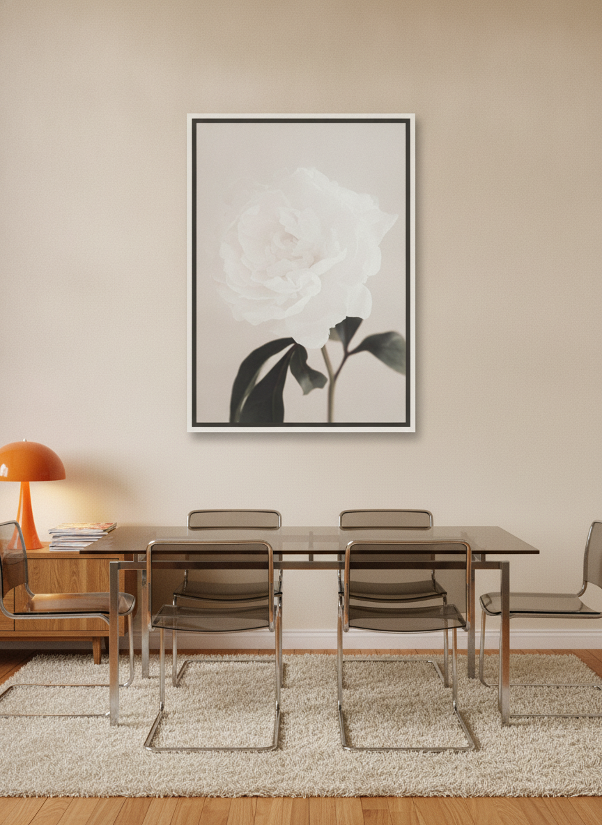 Canvas wall art with a white surround styled on the wall in a retro 70s dining room