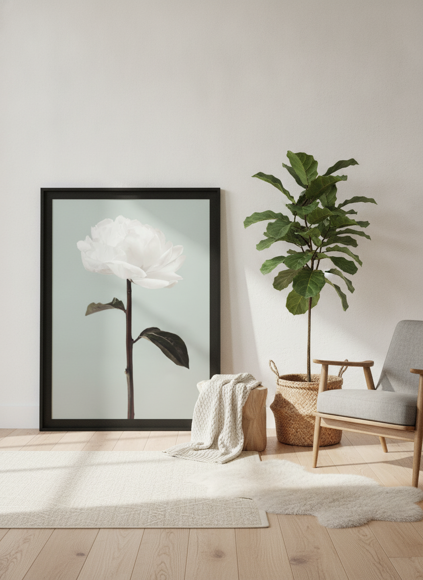 Oversized statement modern wall art print leaning against the wall in a bright Scandinavian living room