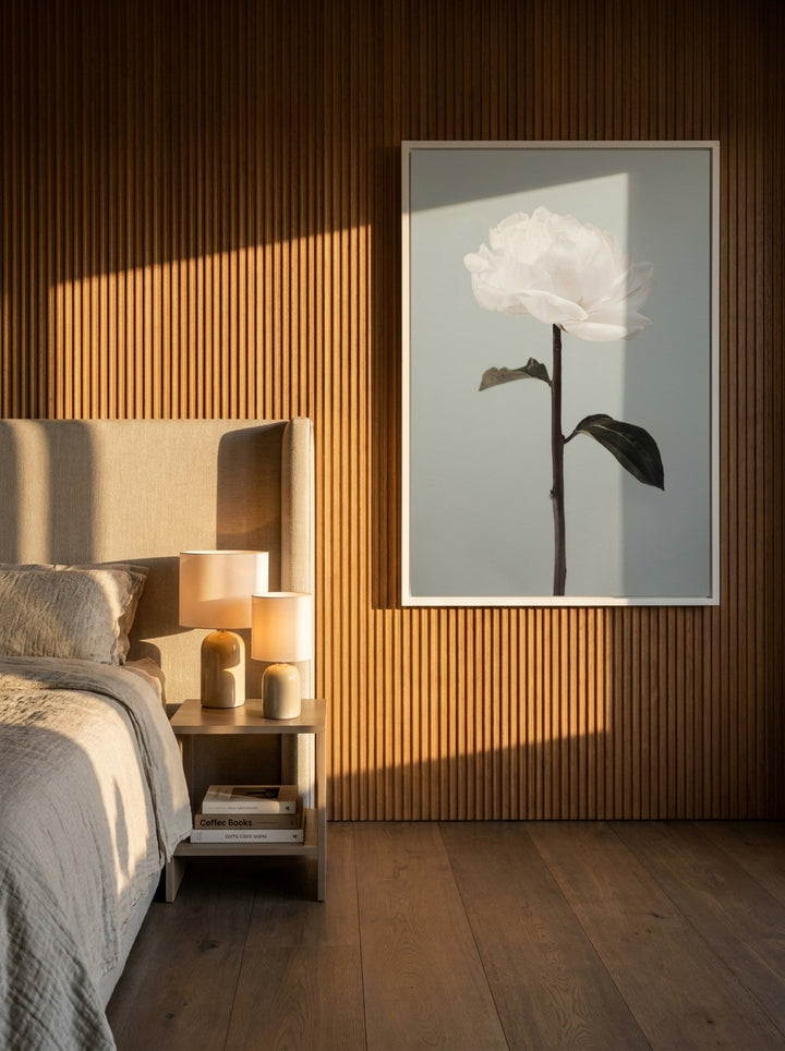 Modern wall art print styled on the wall in a luxe bedroom