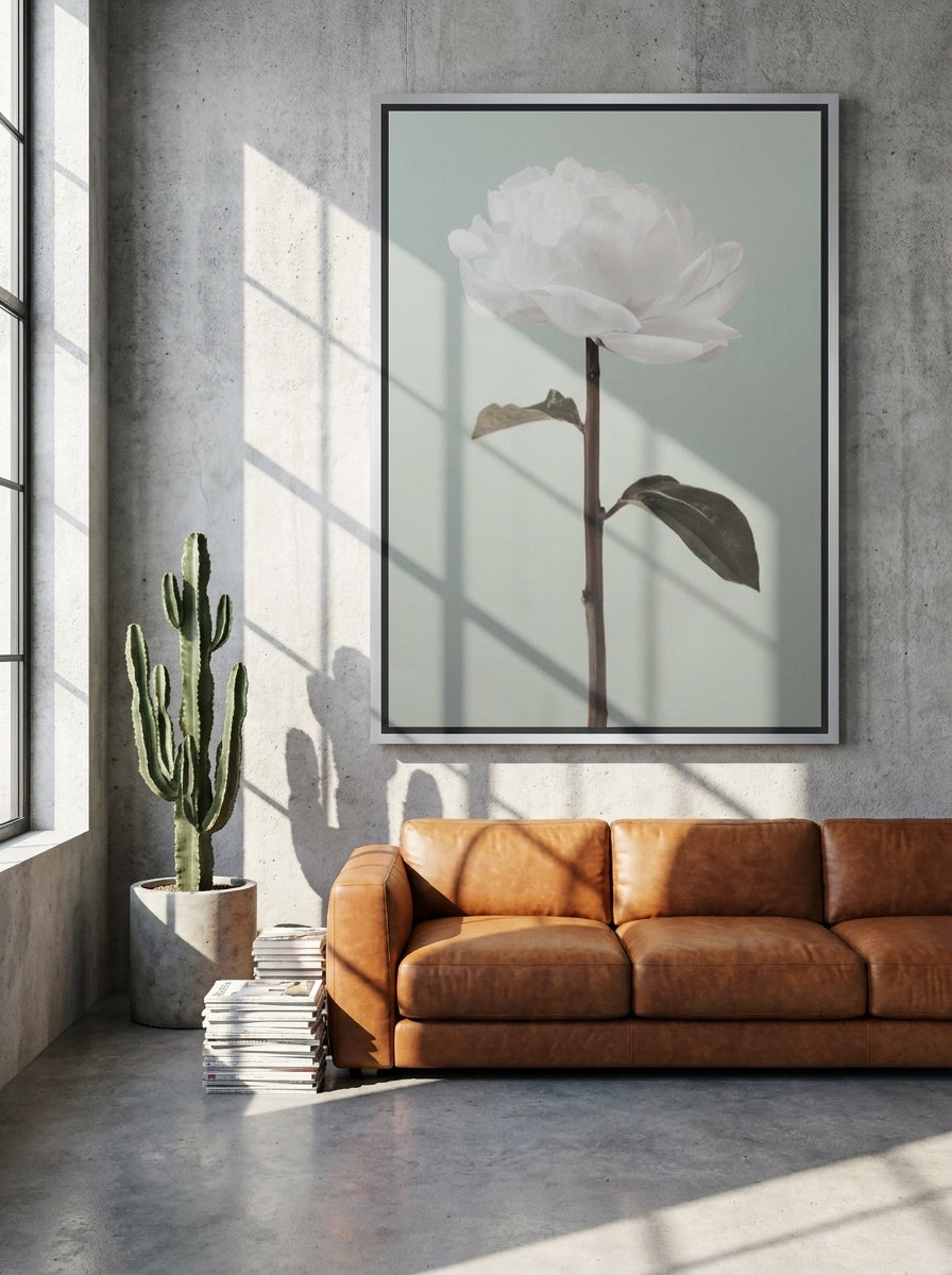 Oversized statement canvas wall art with a silver leaf surround styled on the wall in an industrial loft living room