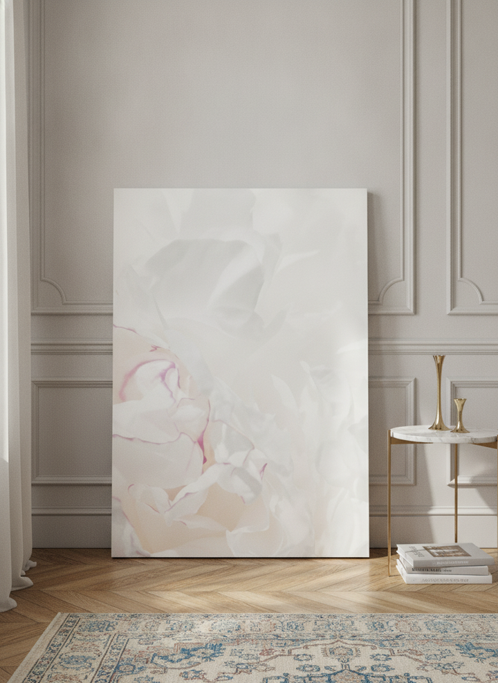 Stretched canvas wall art leaning against the wall in a Parisian bathroom
