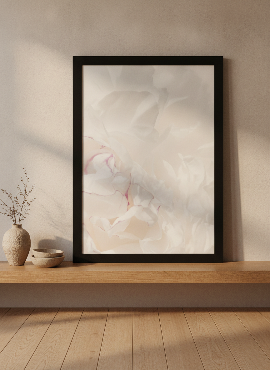 Modern wall art print standing on a shelf in a warm Japandi bathroom