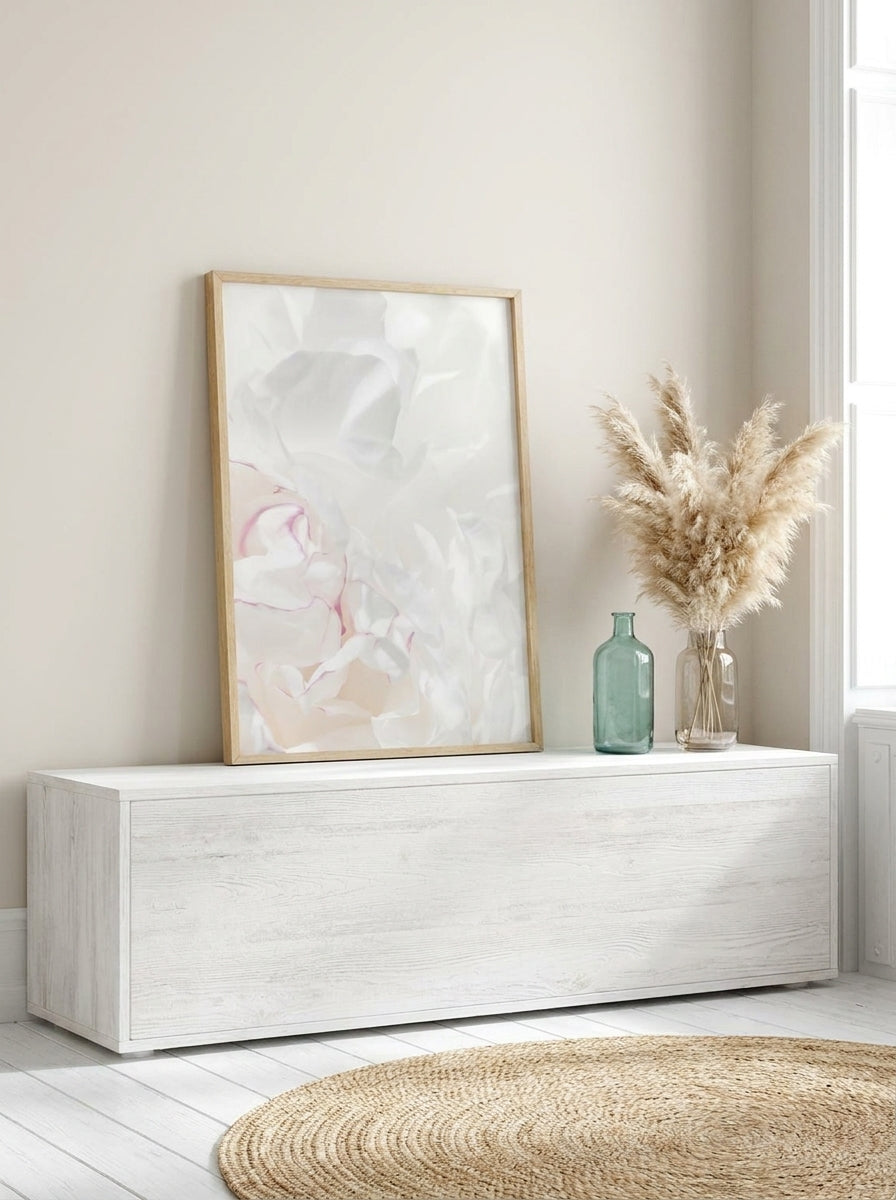 Modern wall art print standing on a console in a coastal nursery