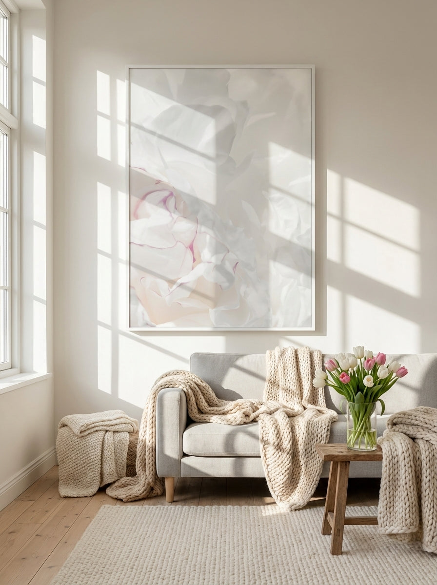 Oversized statement modern wall art print styled on the wall in a bright Scandinavian living room