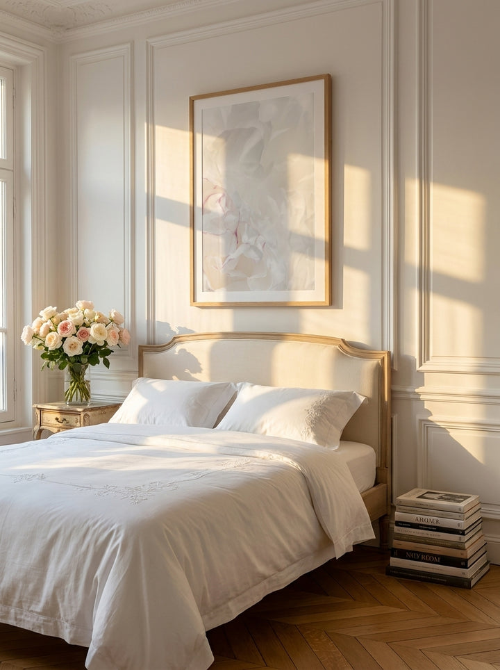 Modern wall art print styled on the wall in a Parisian bedroom