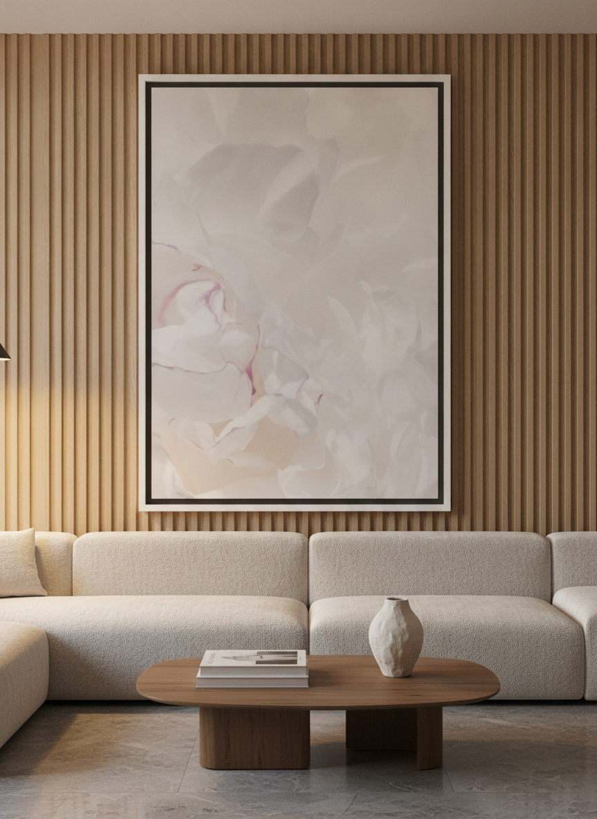 Oversized statement canvas wall art with a white surround styled on the wall in a luxe living room
