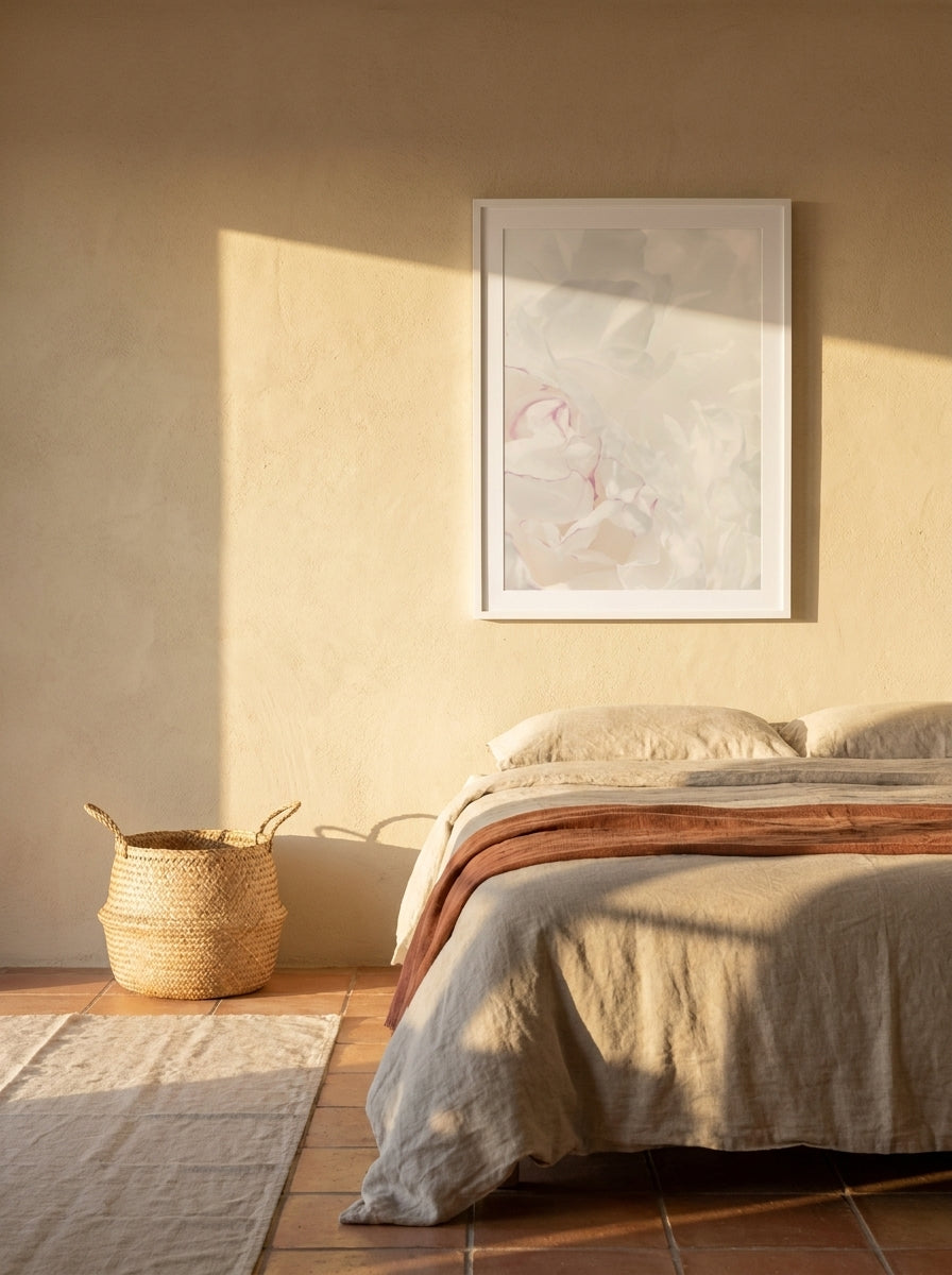 Modern wall art print styled on the wall in a Mediterranean bedroom