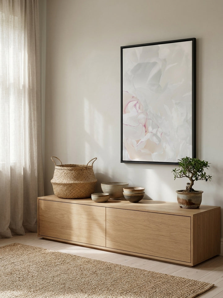 Canvas wall art with a black surround styled on the wall in a warm Japandi nursery