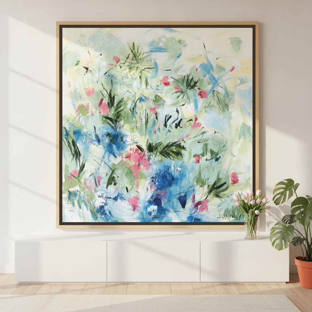 Canvas wall art with a natural timber surround standing on a sideboard in a bright Scandinavian bedroom