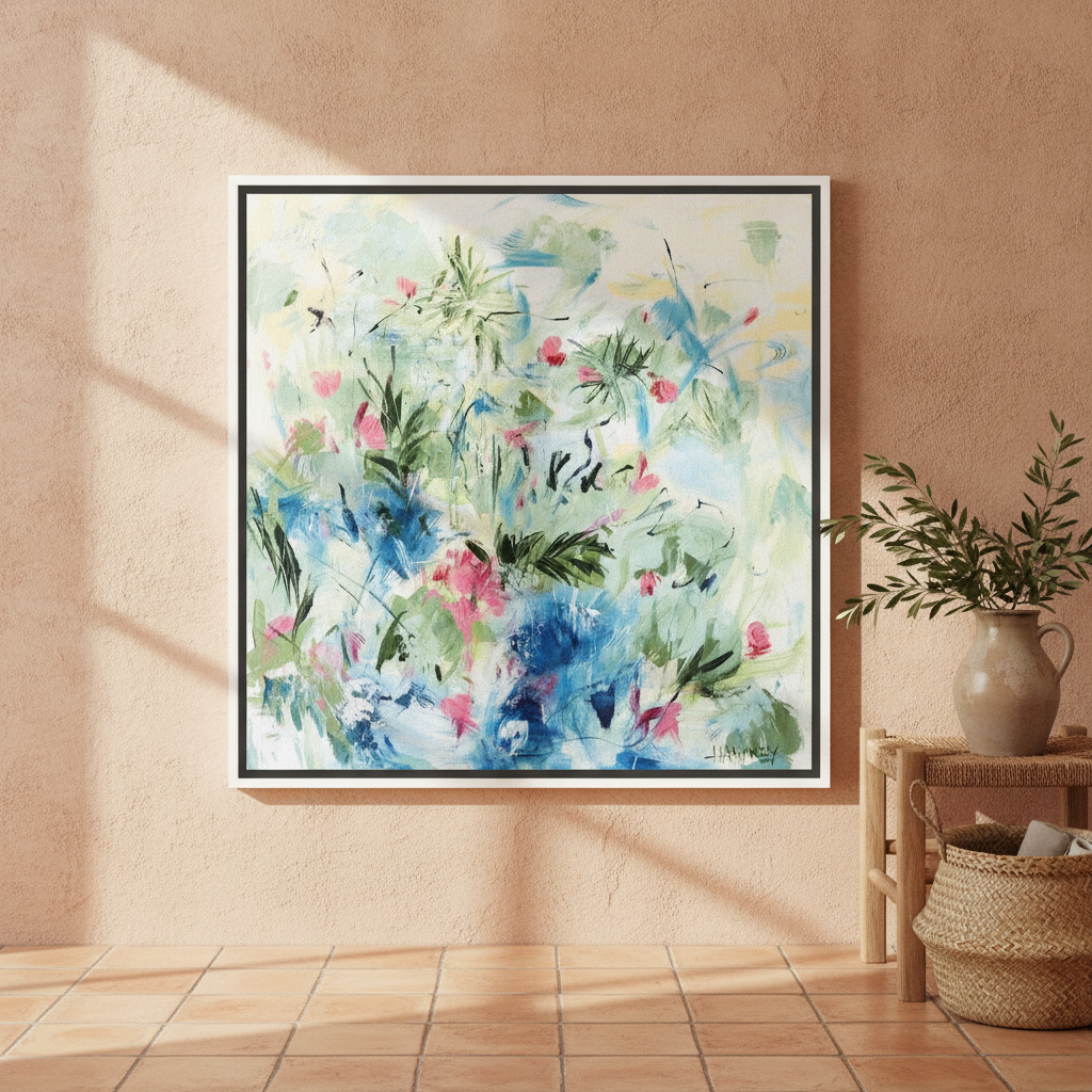Canvas wall art with a white surround leaning against the wall in a Mediterranean bathroom