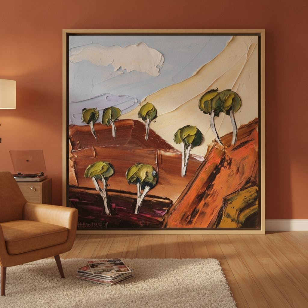 Oversized statement canvas wall art with a natural timber surround leaning against the wall in a retro 70s dining room