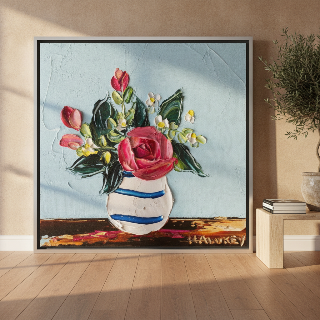 Oversized statement canvas wall art with a silver leaf surround leaning against the wall in a luxe dining room