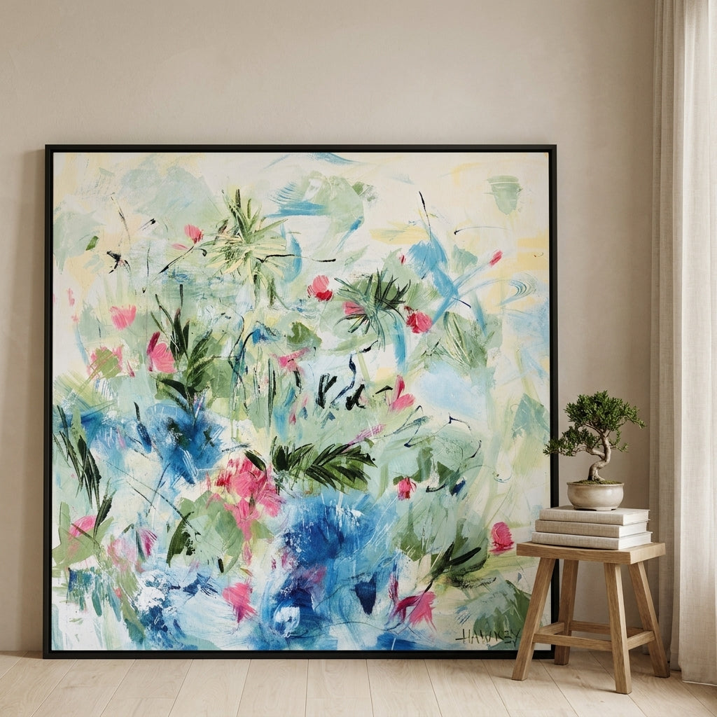 Oversized statement canvas wall art with a black surround leaning against the wall in a warm Japandi dining room
