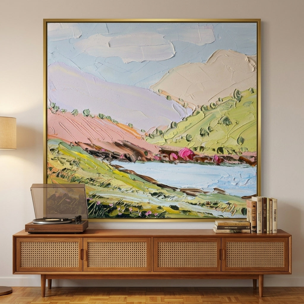 Oversized statement canvas wall art with a gold leaf surround styled on the wall in a mid-century living room
