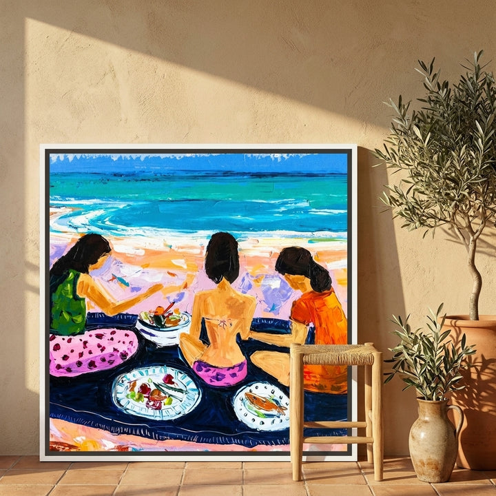 Canvas wall art with a white surround leaning against the wall in a Mediterranean kitchen