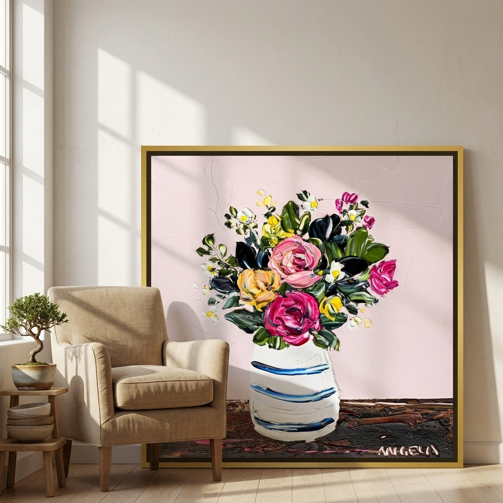 Canvas wall art with a gold leaf surround leaning against the wall in a warm Japandi bathroom