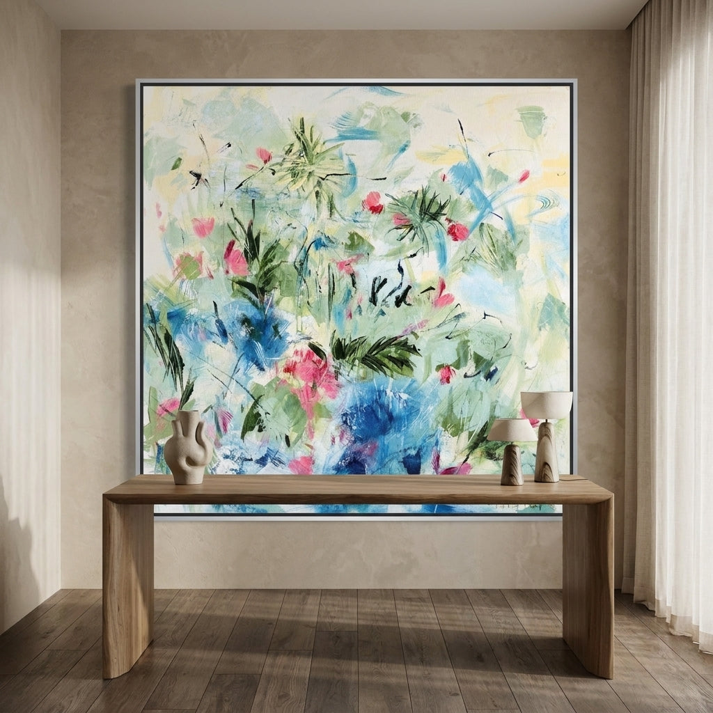 Canvas wall art with a silver leaf surround styled on the wall in a luxe home office