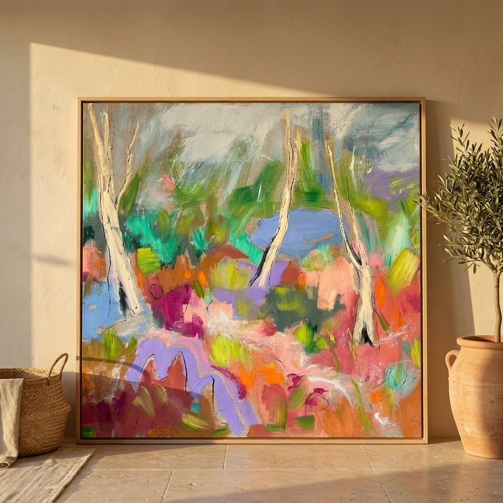 Oversized statement canvas wall art with a natural timber surround leaning against the wall in a Mediterranean dining room