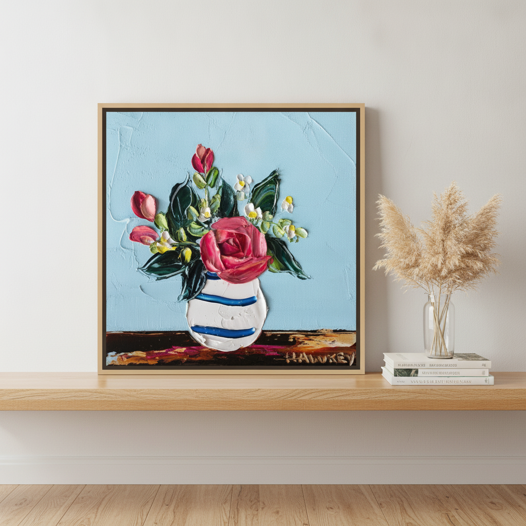 Canvas wall art with a natural timber surround standing on a kitchen bench in a coastal kitchen