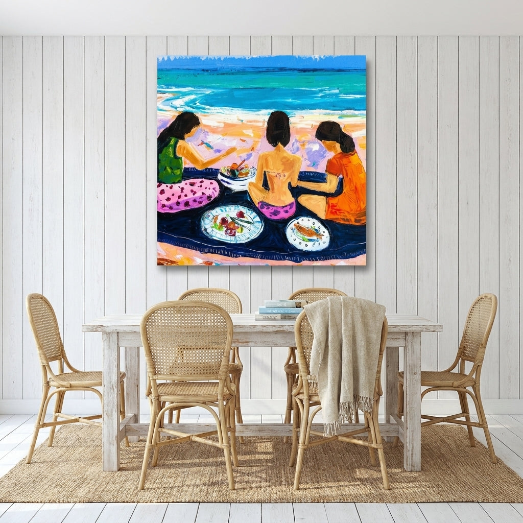 Stretched canvas wall art styled on the wall in a coastal dining room